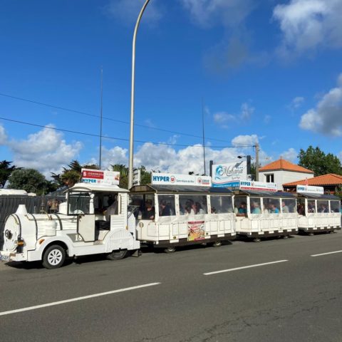 Petit train touristique blanc en ville ensoleillée.
