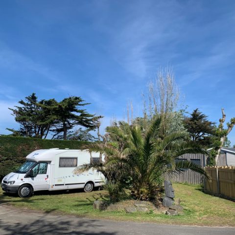 Motorhome parked in sunny garden.