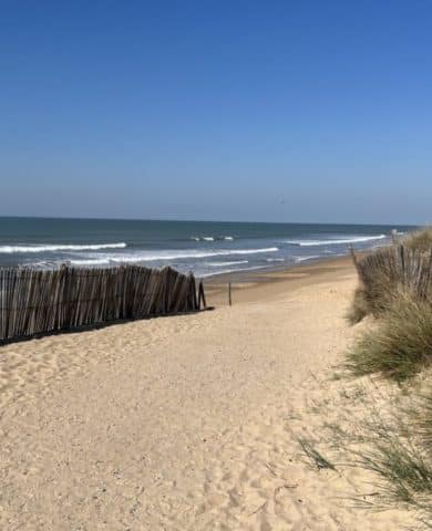 Plage calme avec dunes et océan azur.