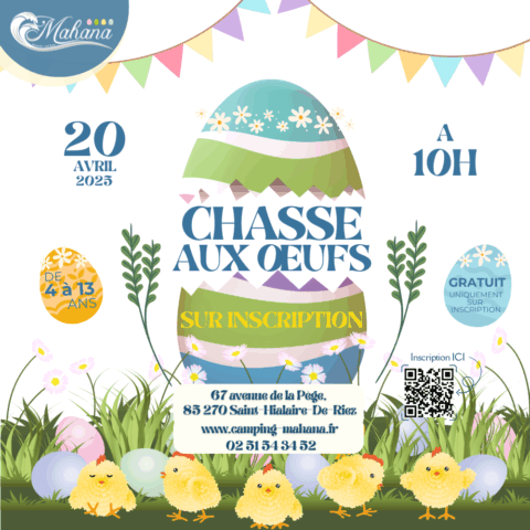 Affiche chasse aux œufs au camping Mahana.