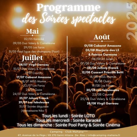 Programme soirées spectacles au Club Mahana 2023